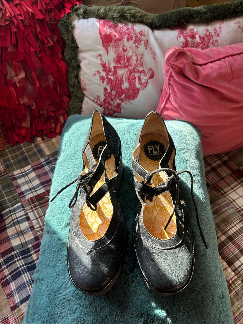 Fly London Black Lace-Up Platform Wedges with Crisscross Straps